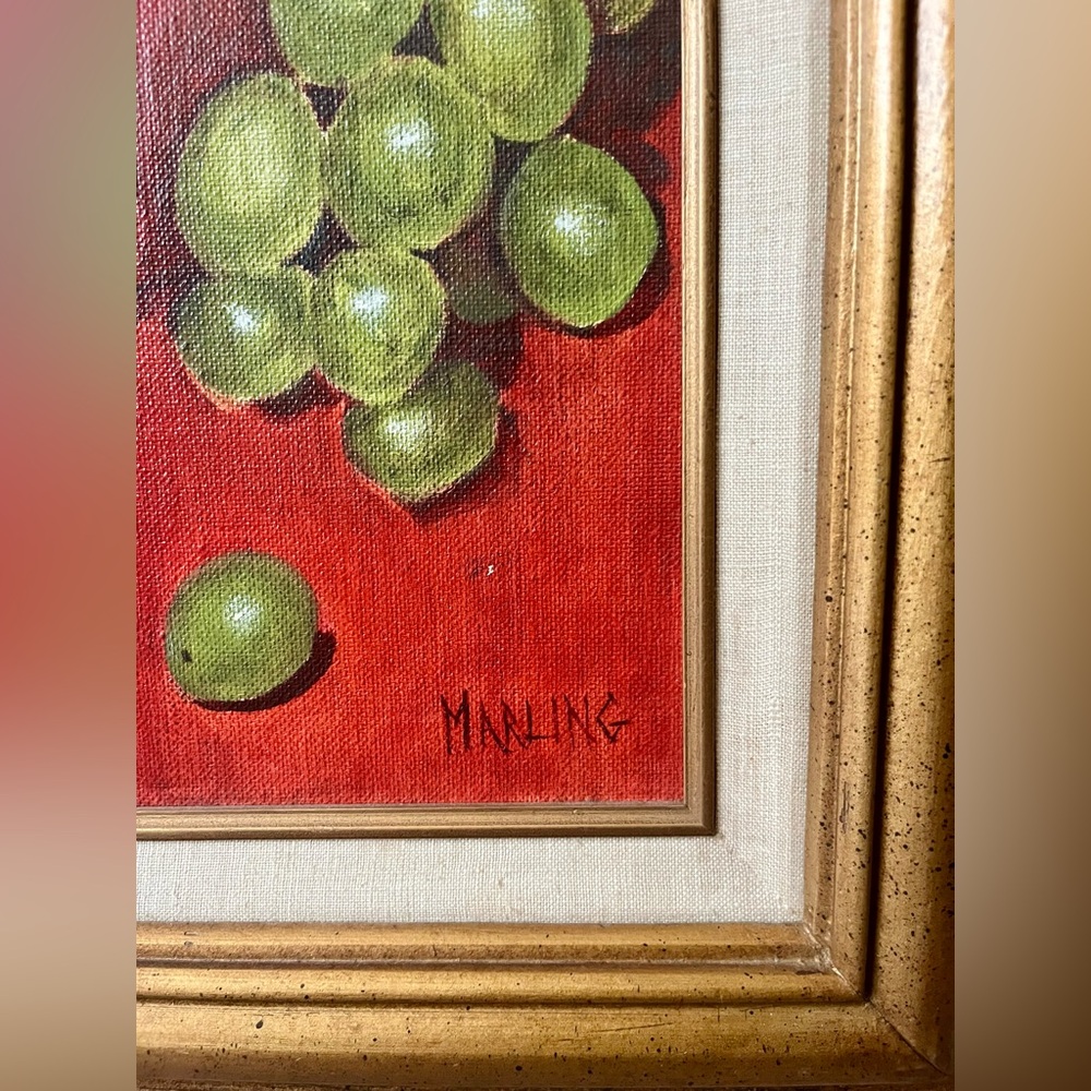 MCM Vintage Still Life Oil Painting Apples Grapes Signed Marling 1982 Framed Art - Picture 4 of 11